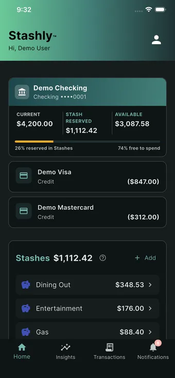 Stashly home screen showing account balances and Stash budgets