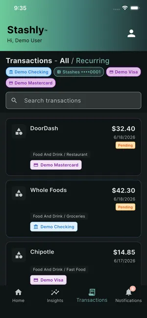 Stashly transaction screen with AI categorization suggestion